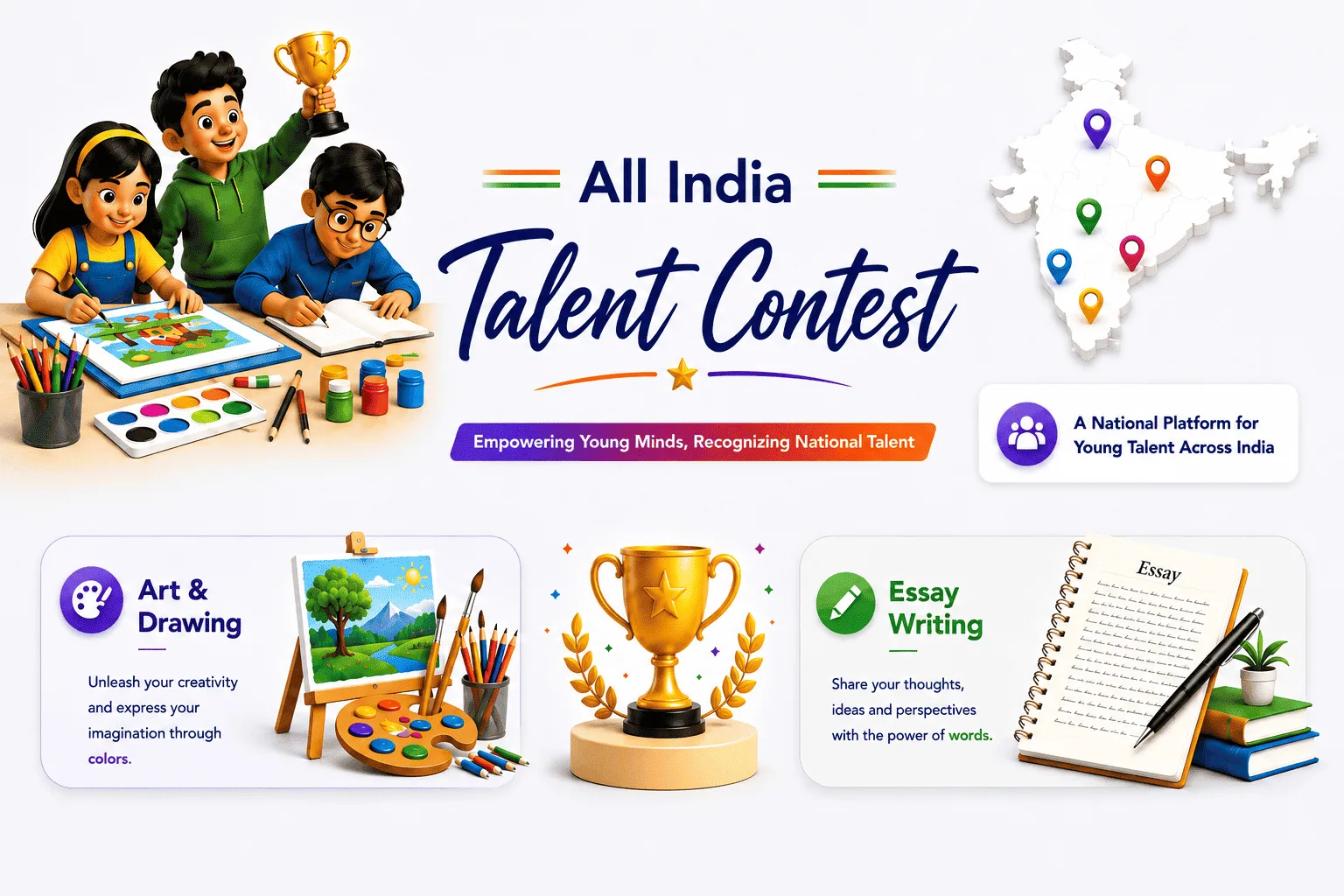 Children drawing and writing for the All India Talent Contest, a map of India showing its national reach, and its two categories: Art & Drawing and Essay Writing