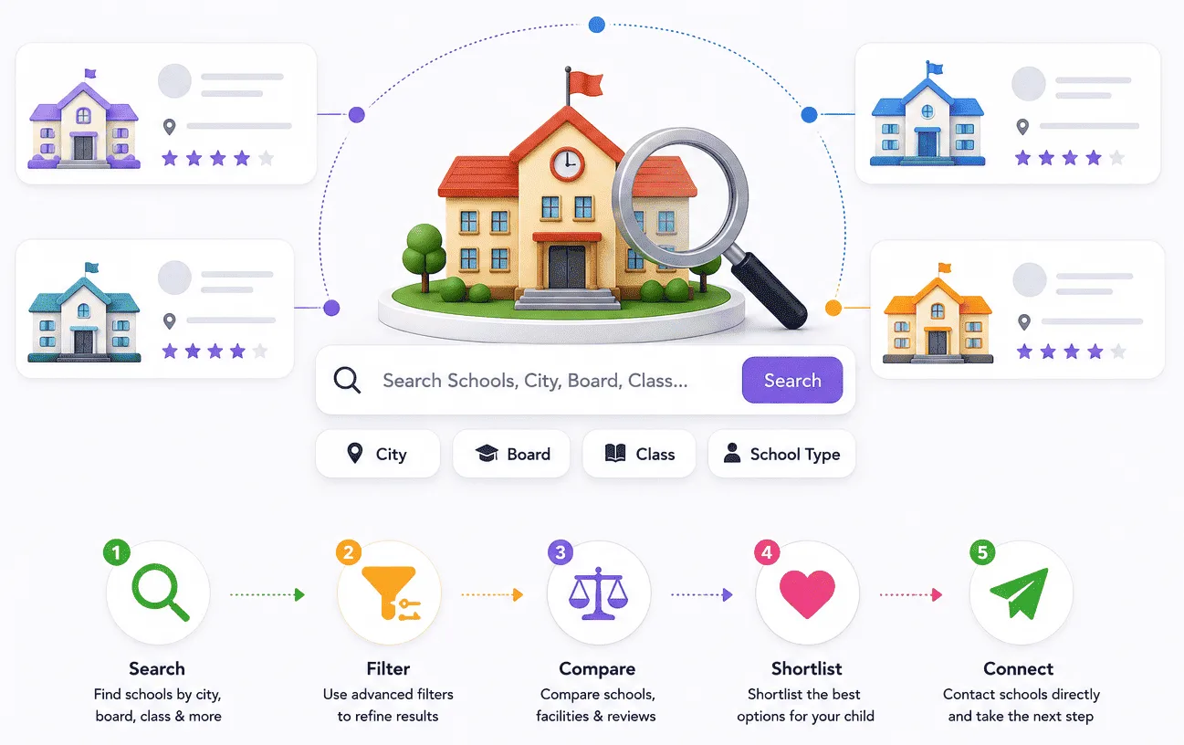 A school search with filters for city, board, class and school type, listing cards around it, and the five steps beneath: search, filter, compare, shortlist and connect