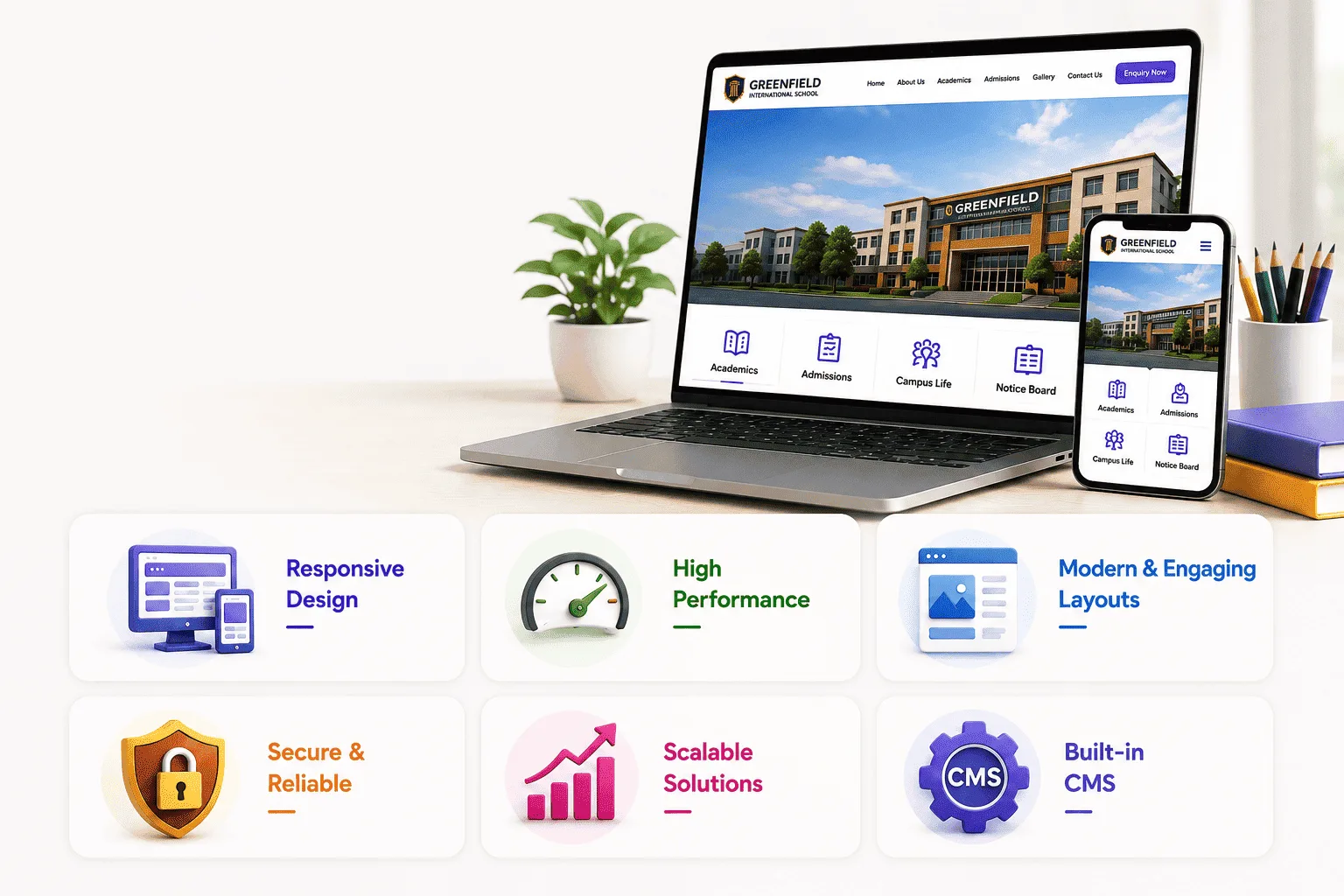 A school website shown on a laptop and a phone, with responsive design, high performance, modern layouts, security, scalability and a built-in CMS called out beneath it